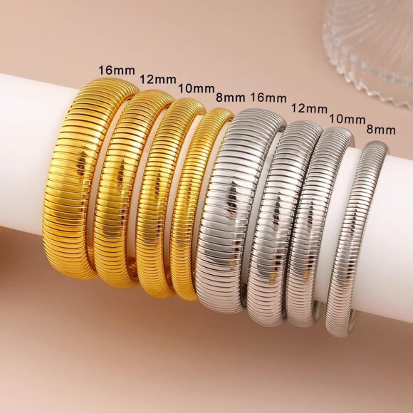 Gold Bangle Set 3 Chunky Stretch 24K Gold 16mm Plated Stainless Steel Wide Stack - Picture 4 of 6